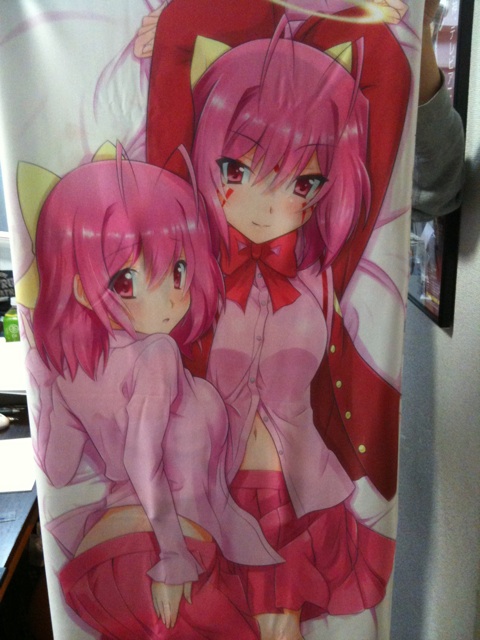 2girls apollo_(kaminomi) blush dakimakura_(medium) halo kami_nomi_zo_shiru_sekai multiple_girls nakagawa_kanon navel pink_hair red_eyes ribbon school_uniform smile