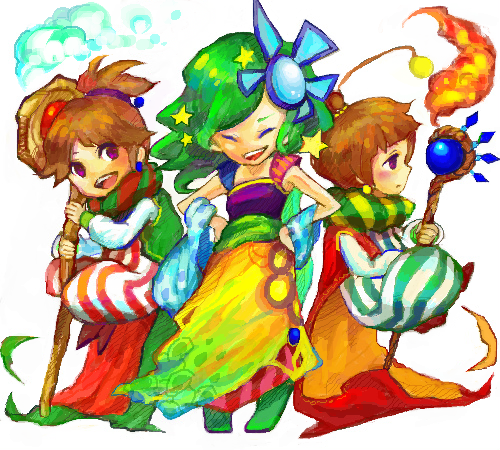 1boy 2girls ^_^ baggy_pants blue_shawl brother_and_sister brown_hair cape closed_eyes dress earrings final_fantasy final_fantasy_iv fire floating green_cape green_sash hair_ornament hands_on_own_hips holding holding_staff jewelry looking_at_viewer lowres mage_staff multicolored_clothes multicolored_dress multiple_girls open_mouth palom pants porom purple_dress purple_eyes red_cape rinne_(maxbeat) rydia_(ff4) sash shawl short_hair short_ponytail siblings sleeveless sleeveless_dress smile staff star_(symbol) star_earrings star_hair_ornament teeth twins two-sided_cape two-sided_fabric upper_teeth_only yellow_cape yellow_dress