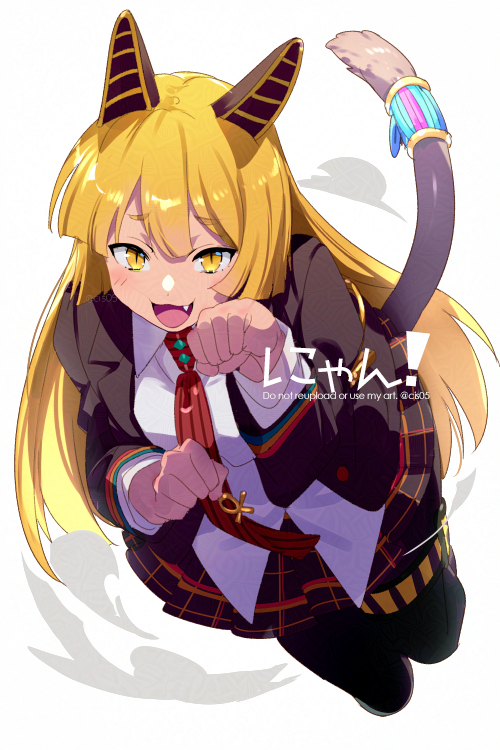 1girl animal_ears black_pantyhose blonde_hair blush breasts brown_jacket brown_skirt cat_ears cat_tail character_request collared_shirt echo_(circa) fang fate/grand_order fate_(series) jacket long_hair long_sleeves looking_at_viewer medium_breasts necktie open_mouth pantyhose plaid_clothes plaid_skirt shirt skirt smile solo tail thighs translation_request white_shirt yellow_eyes