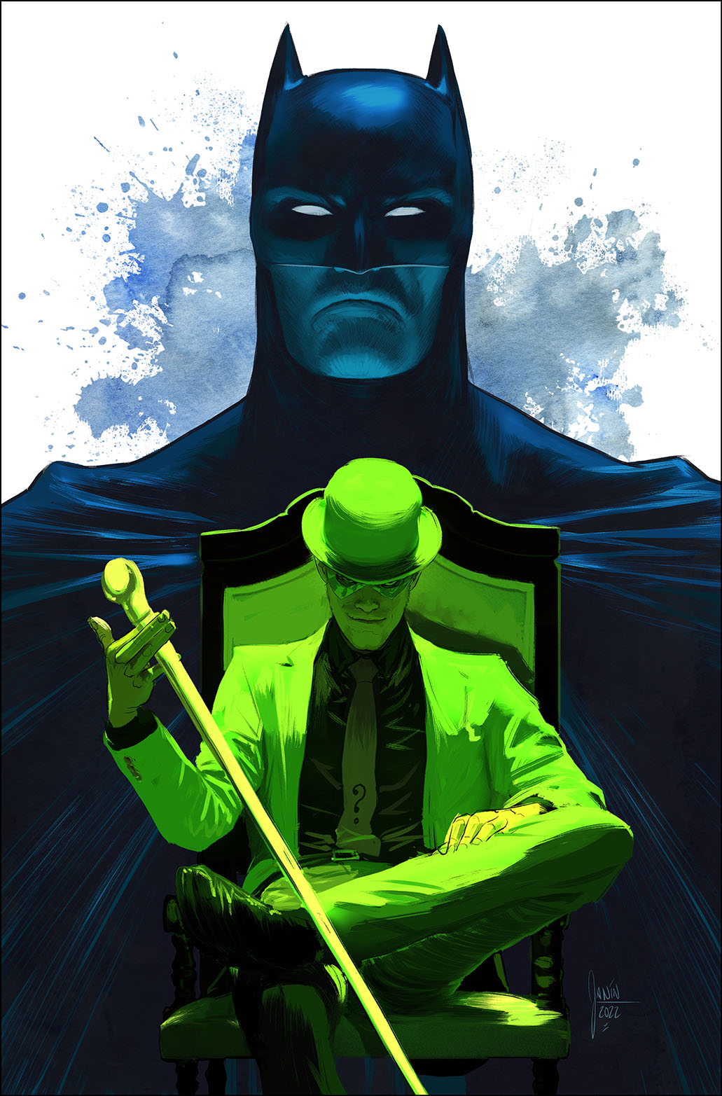 2boys batman batman_(series) black_shirt bowler_hat cane cape collared_shirt dc_comics domino_mask green_jacket green_pants hat highres holding holding_cane jacket looking_at_viewer male_focus mask mikel_janin multiple_boys necktie open_clothes open_jacket pants shirt shoes sitting the_riddler