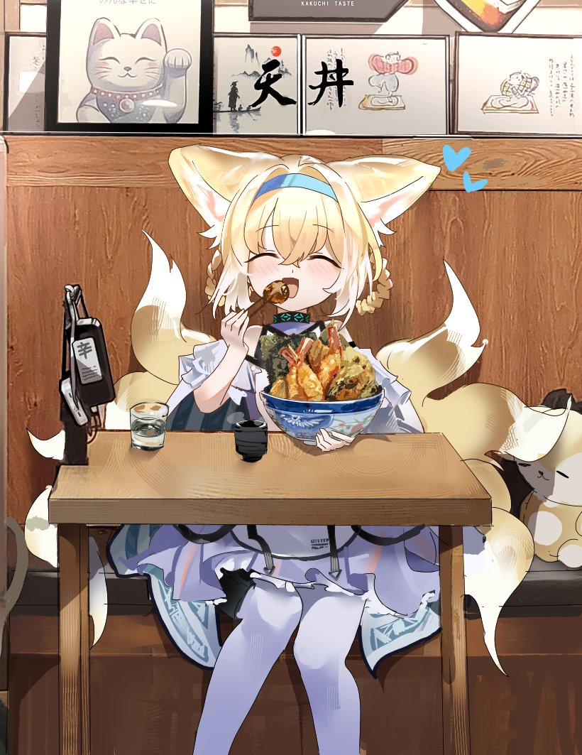 1girl animal_ear_fluff animal_ears aqua_hairband arknights blue_hairband braid braided_hair_rings chinese_commentary commentary_request cross-laced_clothes cross-laced_skirt cross-laced_slit earpiece eating food fox_ears fox_girl fox_tail frilled_hairband frills hair_rings hairband infection_monitor_(arknights) kitsune kyuubi maneki-neko multiple_tails ricefox_(nonametofu) shrimp shrimp_tempura skirt solo suzuran_(arknights) tail tempura