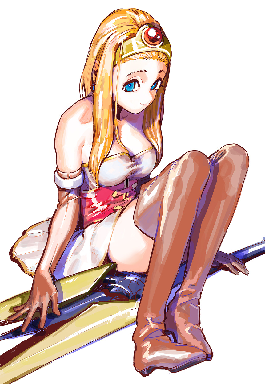 1girl alternate_costume bare_shoulders blonde_hair blue_eyes boots breasts cleavage collarbone dragon_quest dragon_quest_xi dress earrings elbow_gloves gloves hair_pulled_back hairband highres jewelry knees_up long_hair looking_at_viewer senya_(dq11) shiny_clothes sitting smile solo strapless thigh_boots tokumei_wombat white_background