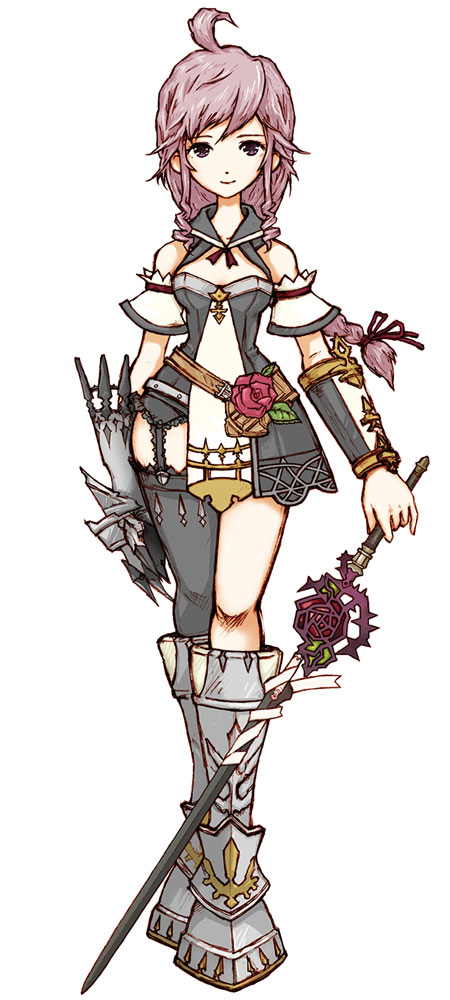 1girl armor claves female_focus flower official_art pink_eyes pink_hair red_flower red_rose rose solo sword trusty_bell weapon yoshioka_kumiko