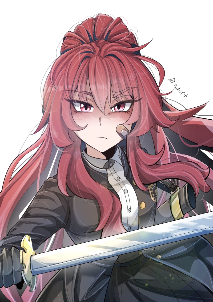 1girl ashiharatsumori_koito bandaid bandaid_on_cheek bandaid_on_face black_jacket closed_mouth collar collared_shirt hair_between_eyes highres holding holding_sword holding_weapon jacket katana long_hair long_sleeves looking_at_viewer messy_hair no_halo nort_muhehehe open_clothes open_jacket pleated_skirt ponytail project_kv red_eyes red_hair sheath shirt signature simple_background skirt solo sword unsheathed upper_body weapon white_background white_collar white_shirt