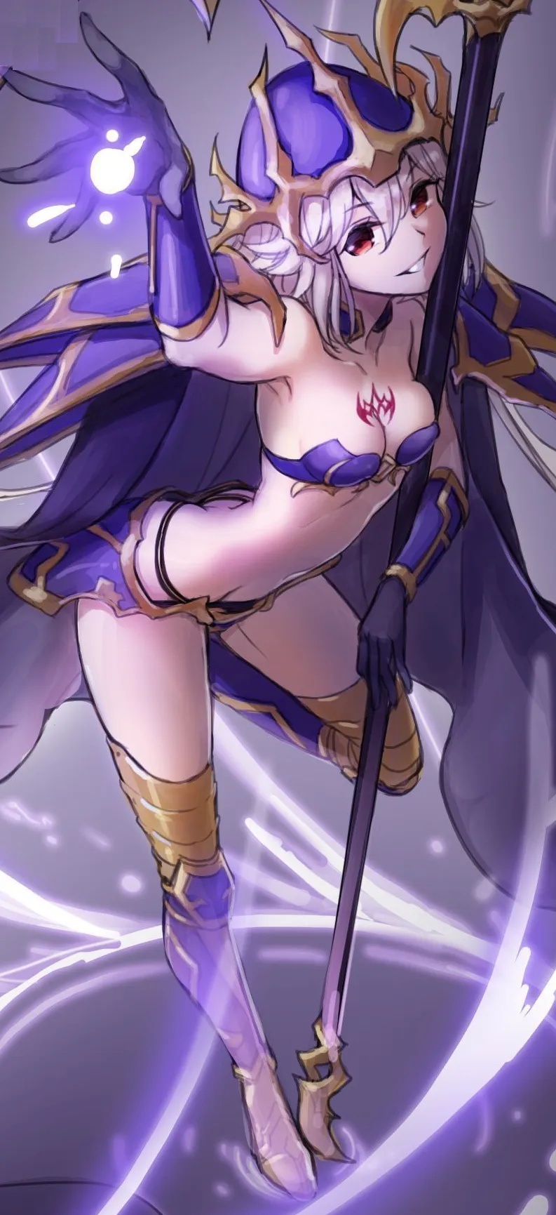 1girl alternate_costume armor artist_request ass aura bare_shoulders bozel_(langrisser) breasts butt_crack cape chest_tattoo cleavage close-up corruption dancing dark_aura dark_persona downpants evil_grin evil_smile gloves grin helmet highres holding holding_scythe knee_up langrisser langrisser_mobile langrisser_re:incarnation leaning leaning_forward leaning_on_object leaning_on_weapon leg_up licorice_(langrisser) mark_of_bozel midriff official_alternate_costume pauldrons pole_dancing possessed possession red_eyes scythe short_hair shoulder_armor smile tattoo white_hair