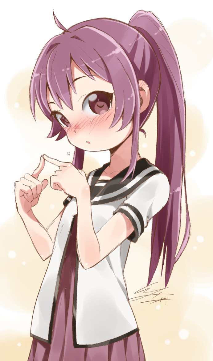 1girl :o ahoge bare_arms black_sailor_collar blush collarbone dress facing_away female_focus fidgeting hair_intakes head_tilt high_ponytail index_finger_raised index_fingers_together io_naomichi long_hair nanamori_school_uniform nose_blush pleated_dress ponytail purple_dress purple_eyes purple_hair raised_eyebrow sailor_collar school_uniform serafuku shirt short_sleeves sidelocks sleeve_cuffs solo sugiura_ayano teeth white_shirt yuru_yuri