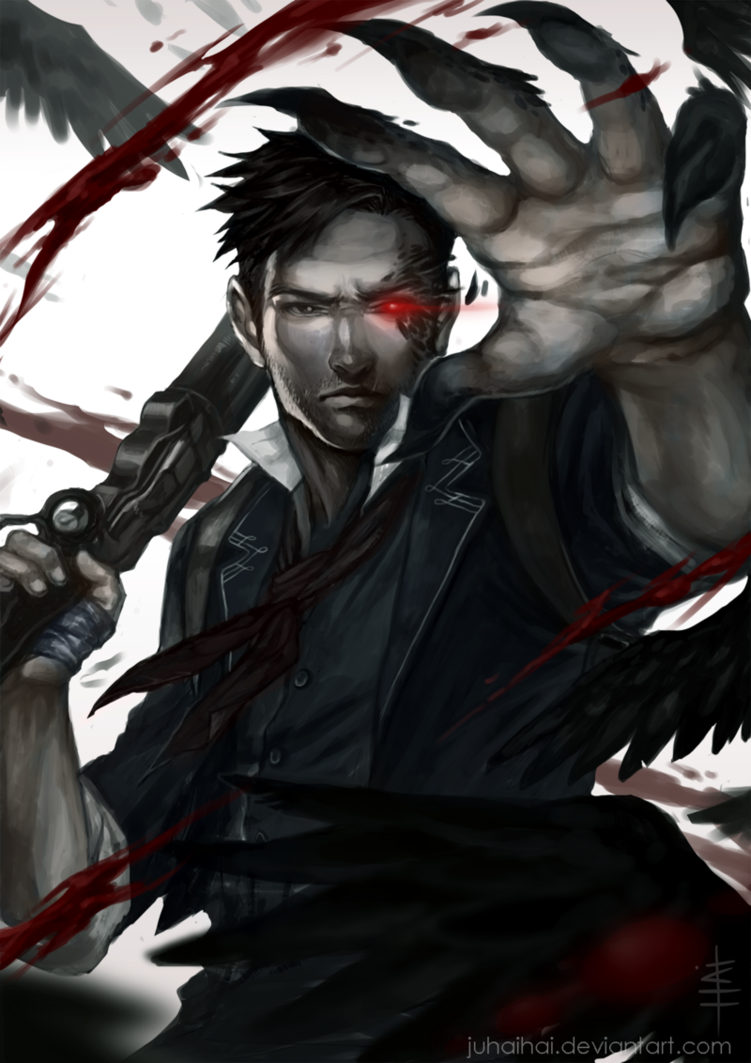 1boy bioshock_(series) bioshock_infinite bird blood booker_dewitt brown_eyes brown_hair crow epic glowing glowing_eyes gun male_focus monochrome red_eyes shotgun solo spot_color standing watermark weapon white_background