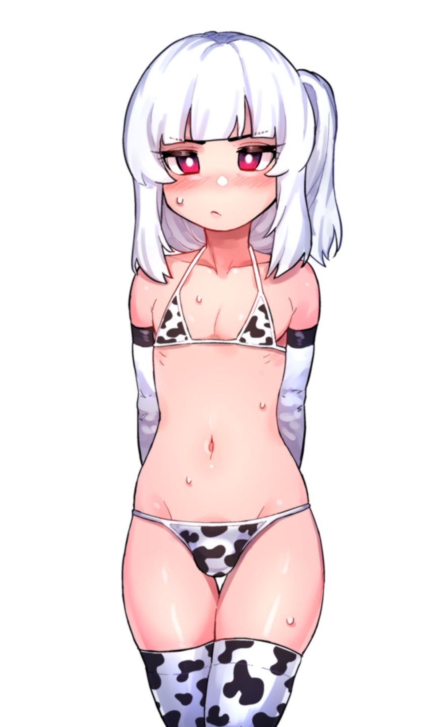 1boy animal_print bikini blush bulge cow_print crossdressing elbow_gloves gloves highres long_hair male_focus otonashi_(otonashi5959) red_eyes solo sweat swimsuit thighhighs tongkkangi tongkkangi_(streamer) trap virtual_youtuber white_background white_hair