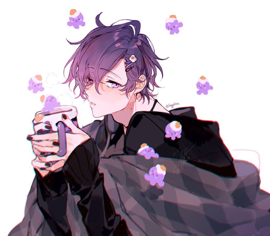 1boy black_nails black_sweater blanket egg_hair_ornament food-themed_hair_ornament hair_ornament hairclip hands_up long_sleeves looking_at_viewer male_focus mole mole_on_neck nijisanji nijisanji_en parted_lips purple_eyes purple_hair sapphire_(nine) solo stargazer_(uki_violeta) sweater uki_violeta virtual_youtuber