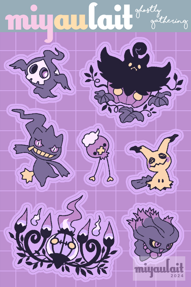 :&lt; artist_name banette black_eyes bright_pupils chandelure commentary creatures_(company) drifloon duskull game_freak gen_2_pokemon gen_3_pokemon gen_4_pokemon gen_5_pokemon gen_6_pokemon gen_7_pokemon grid_background mimikyu misdreavus miyaulait nintendo no_humans outline pokemon pokemon_(creature) pumpkaboo purple_background purple_eyes solid_circle_eyes white_pupils yellow_eyes