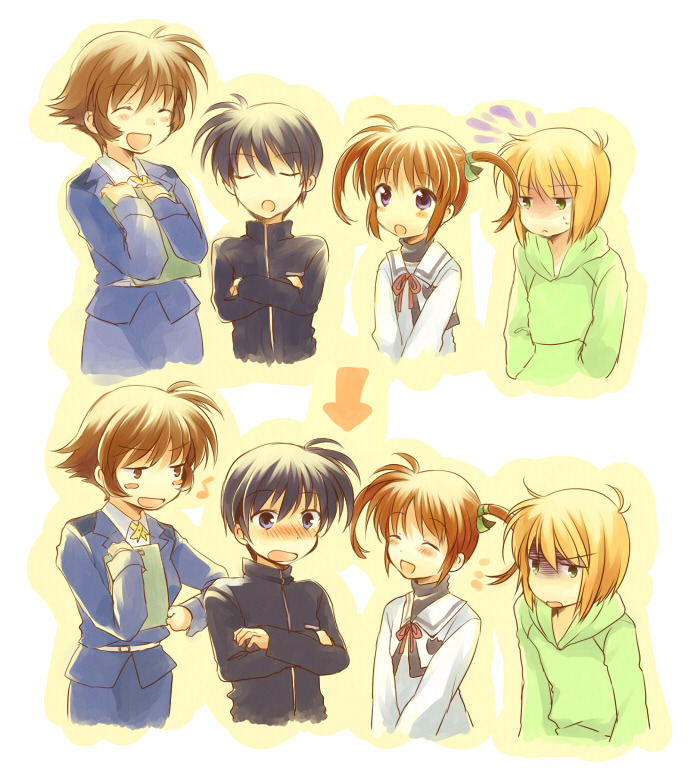 2boys 2girls amy_limietta arrow_(symbol) before_and_after blue_eyes blue_hair blush blush_stickers brown_hair chrono_harlaown clipboard closed_eyes crossed_arms dress dress_shirt elbowing embarrassed green_eyes hands_in_pocket hands_in_pockets holding hood hoodie jacket jealous lyrical_nanoha mahou_shoujo_lyrical_nanoha mahou_shoujo_lyrical_nanoha_a&#039;s military military_uniform multiple_boys multiple_girls musical_note open_mouth pencil_skirt purple_eyes red_hair ribbon school_uniform shirt short_hair skirt smile standing sweatdrop takamachi_nanoha takana_(nanao) white_background white_dress white_shirt yuuno_scrya