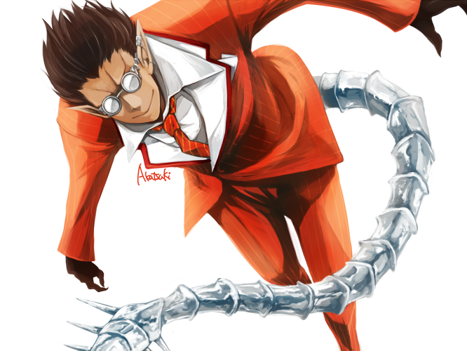 1boy akatsuki_(ver10000) demiurge earrings formal_clothes glasses jewelry male_focus necktie overlord_(maruyama) simple_background solo suit tail