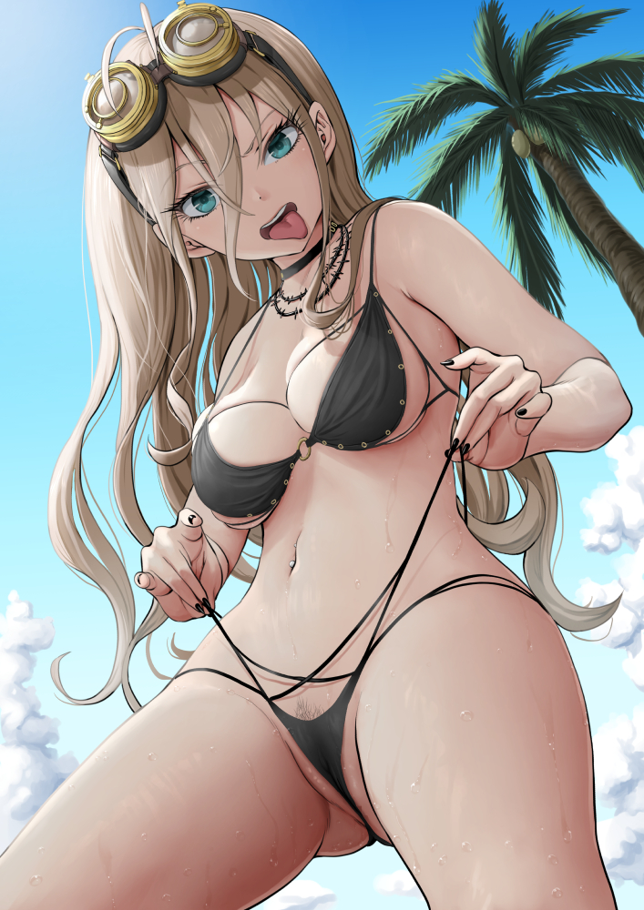 1girl antenna_hair barbed_wire bare_shoulders bikini black_choker black_nails blonde_hair blue_eyes blue_sky breasts cameltoe choker cleavage cleft_of_venus cloud commentary danganronpa_(series) danganronpa_v3:_killing_harmony eyelashes from_below gluteal_fold goggles goggles_on_head iruma_miu kasu_(kasunohikari) long_hair looking_at_viewer mixed-language_commentary navel_piercing o-ring o-ring_bikini open_mouth outdoors paid_reward_available palm_tree piercing pubic_hair sky solo standing stomach summer sweat swimsuit thighs tongue tongue_out tree underboob very_long_hair wavy_hair