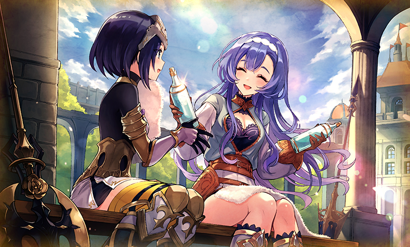 2girls armored_boots black_hair blue_hair boots bottle breasts cleavage cleavage_cutout closed_eyes clothing_cutout dare_ga_tame_no_alchemist gloves halberd holding holding_bottle kalmia_(dare_ga_tame_no_alchemist) lens_flare long_hair multiple_girls official_art open_mouth polearm priscilla_(dare_ga_tame_no_alchemist) second-party_source short_hair sitting thighs weapon white_gloves