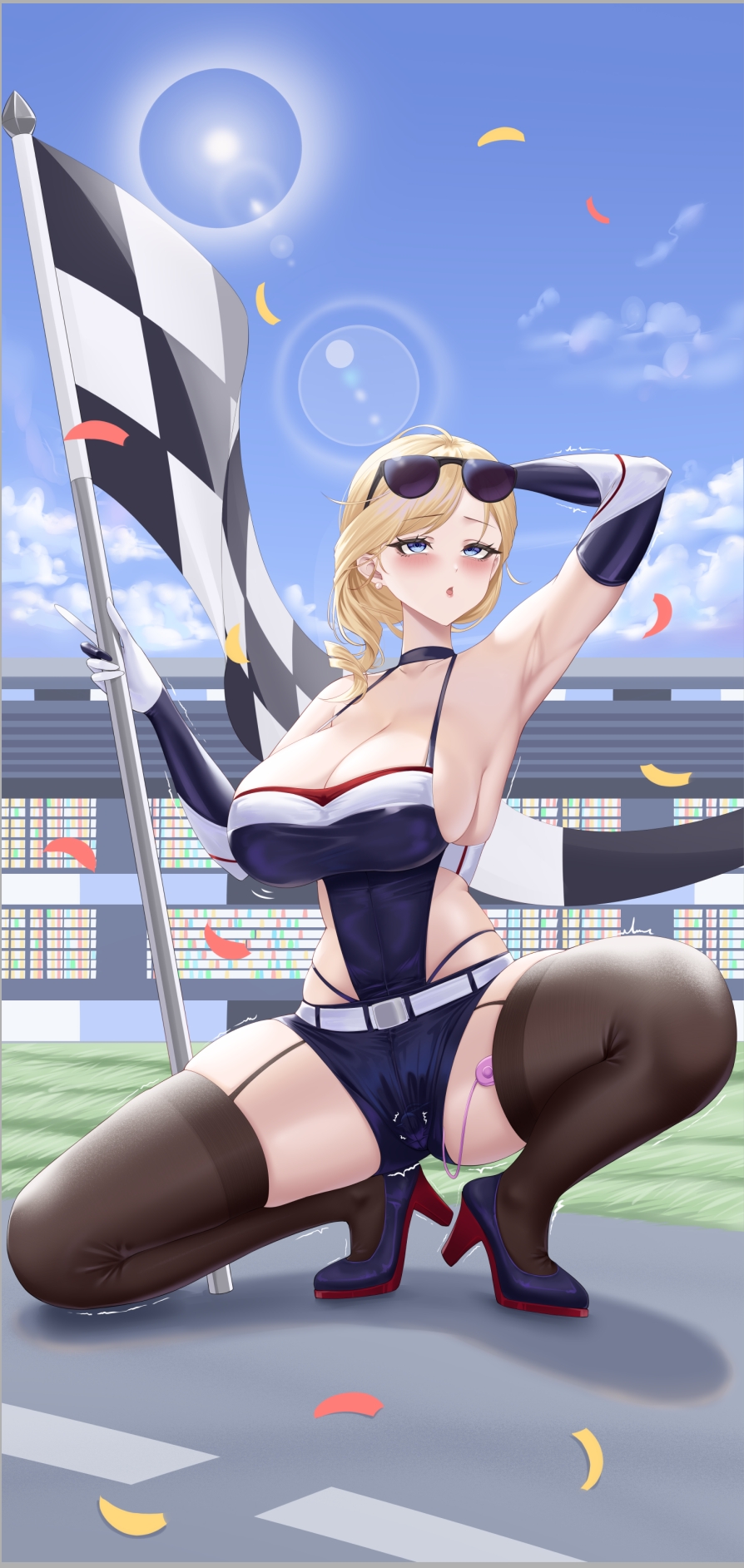 :o arm_up armpits azur_lane black_choker black_footwear black_gloves black_leotard black_shorts black_thighhighs blonde_hair blue_eyes boots breasts checkered_flag choker cleavage confetti egg_vibrator elbow_gloves eyewear_on_head flag garter_straps gloves high_heels highleg highleg_panties highres holding holding_flag hood_(azur_lane) large_breasts lens_flare leotard long_hair looking_up outdoors panties race_queen remote_control_vibrator sex_toy shorts sideboob sunglasses thigh_boots thighhighs underwear user_xujn5742 vibrator vibrator_under_clothes