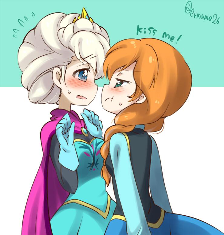 2girls anna_(frozen) blonde_hair blush brown_hair cape dress elsa_(frozen) english_text eromame frozen_(disney) gloves hair_over_shoulder imminent_kiss incest multiple_girls pout siblings sisters sweatdrop yuri