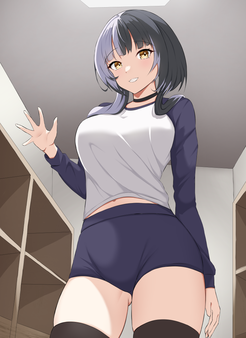 1girl black_hair breasts choker covered_navel from_above gluteal_fold gym_uniform hololive hololive_english large_breasts locker locker_room long_sleeves self-upload shiori_novella short_hair solo thick_thighs thighhighs thighs virtual_youtuber waving white_hair yellow_eyes zeropen