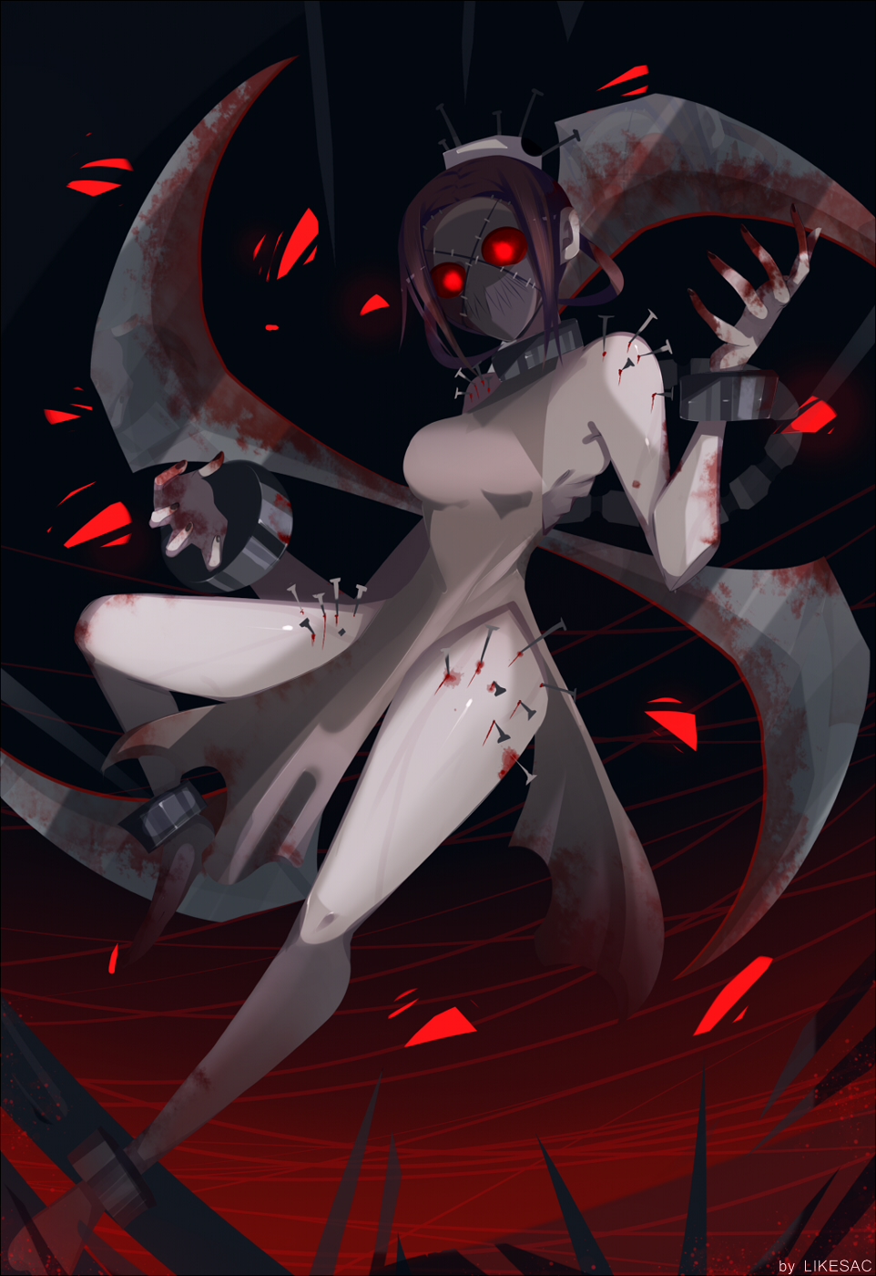 1girl blood brown_hair cuffs full_body hair_ornament hair_up highres likesac mask painwheel_(skullgirls) red_eyes ribs shackles short_hair skullgirls solo