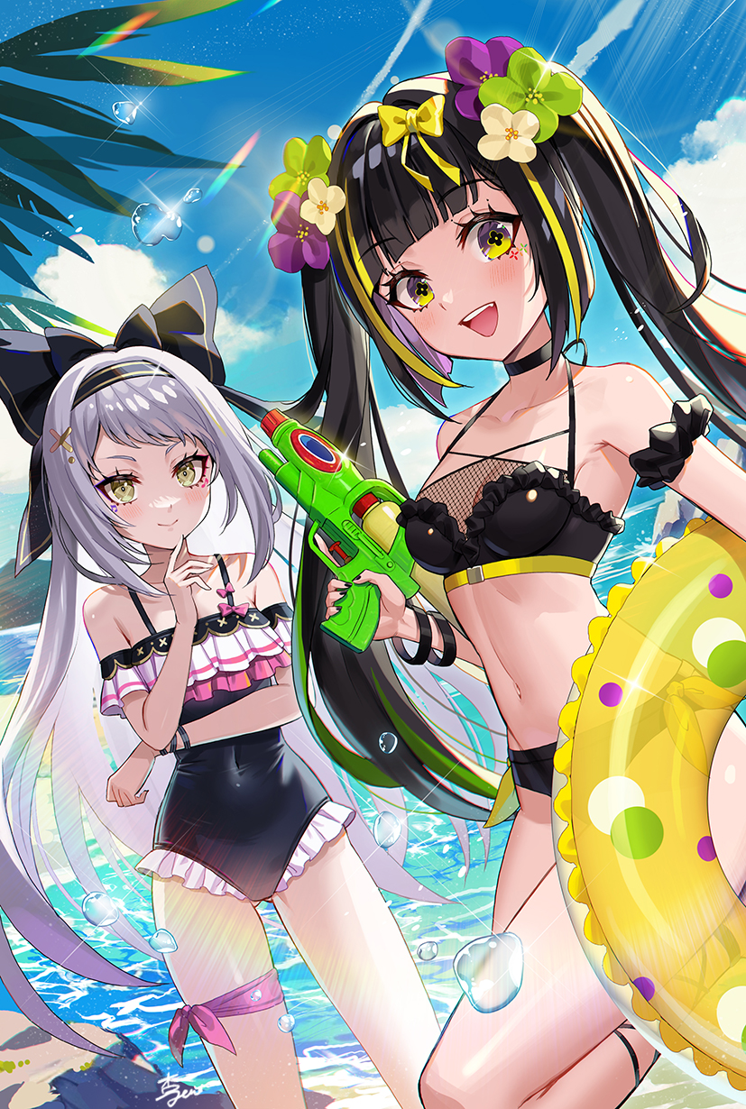 2girls anzumame black_bow black_choker black_hair black_hairband black_nails black_one-piece_swimsuit blonde_hair bow bracelet breasts choker cloud collarbone colored_inner_hair covered_navel eyelashes facial_mark fantasie_impromptu_(takt_op.) flower frilled_one-piece_swimsuit frills green_flower grey_hair hair_bow hair_ornament hairband highres holding holding_water_gun jewelry leg_ribbon long_hair multicolored_hair multiple_girls musical_note navel ocean one-piece_swimsuit open_mouth pink_bow pink_ribbon pomp_and_circumstance_(takt_op.) purple_flower purple_hair ribbon signature sky small_breasts smile swim_ring swimsuit symbol-shaped_pupils takt_op. teeth thigh_ribbon twintails upper_teeth_only water water_gun white_flower x_hair_ornament yellow_bow yellow_eyes