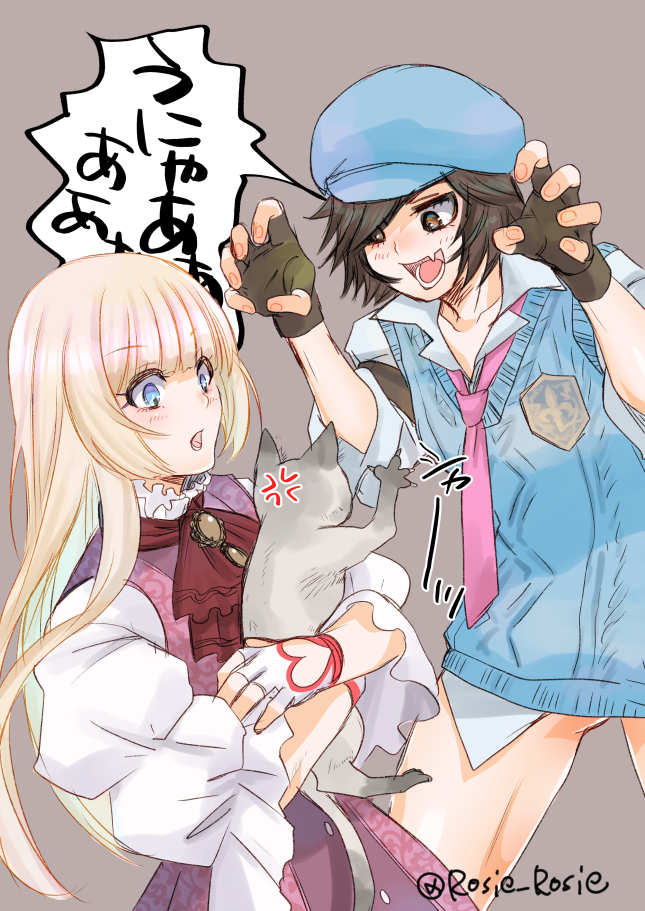 2girls artist_name blonde_hair blue_eyes blue_sweater blunt_bangs blush breasts brown_eyes brown_hair collarbone dress emilie_de_rochefort fighting_game fingerless_gloves frills gloves hime_cut kazama_asuka long_hair multiple_girls rosie_rosie short_hair skirt sweater sweater_dress tekken tekken_8 tomboy