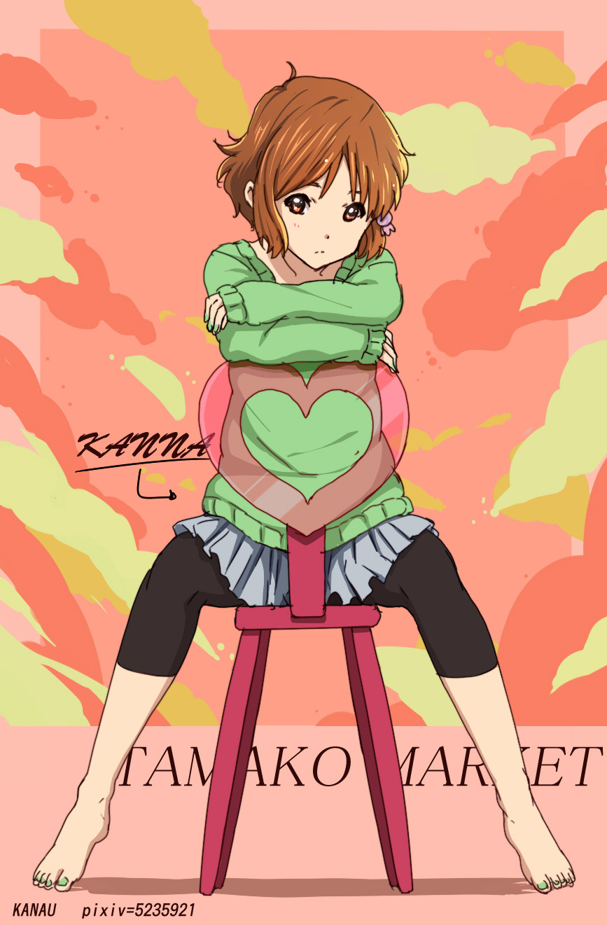 10s 1girl artist_name bad_id bad_pixiv_id barefoot brown_eyes brown_hair chair character_name copyright_name feet female_focus highres kanau leggings long_sleeves makino_kanna nail_polish short_hair sleeves_past_wrists solo sweater tamako_market toenail_polish toenails