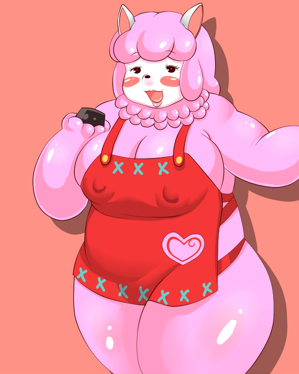 1girl animal_crossing apron black_eyes breasts cleavage female_focus furry furry_female grape_jelly_(artist) naked_apron nintendo nipples open_mouth pink_hair reese_(animal_crossing) sheep simple_background solo