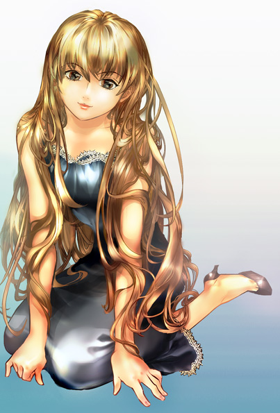 1girl amatsuka_megumi brown_eyes brown_hair dress female_focus full_body gradient_background high_heels long_hair shoes solo tenshi_na_konamaiki very_long_hair yasuhito_(yasu_no_e)