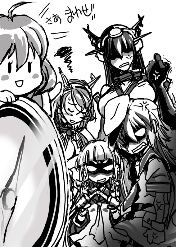 10s 4girls cha_(kancolle) comic compass dress greyscale hat kai_(akamekogeme) kantai_collection kiso_(kancolle) long_hair monochrome multiple_girls murakumo_(kancolle) mutsu_(kancolle) nagato_(kancolle) rashinban_musume sailor_dress school_uniform serafuku short_dress translation_request