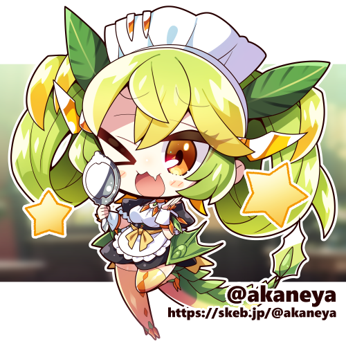 1girl akaneya apron black_dress chibi commission dragon_girl dragon_horns dragon_tail dragon_wings dress duel_monster full_body green_hair green_wings horns long_hair low_wings lowres maid maid_headdress one_eye_closed parlor_dragonmaid skeb_commission solo tail twintails twitter_username wings yu-gi-oh!