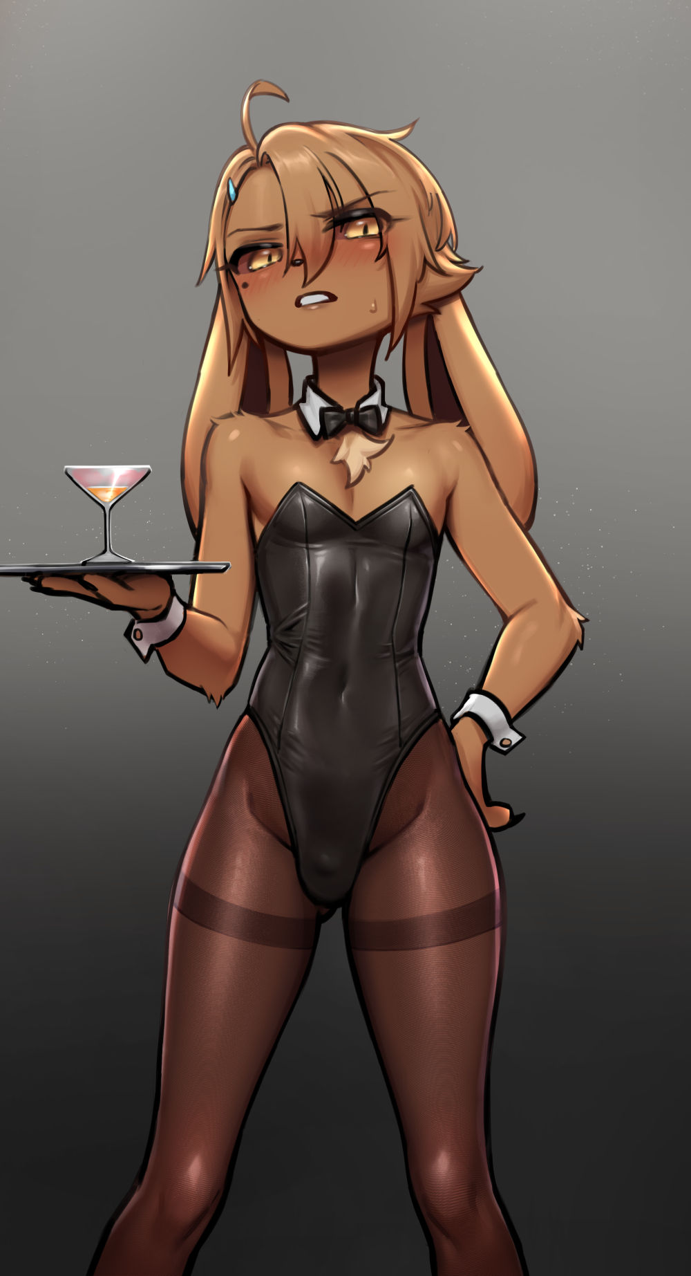 1boy ahoge animal_ears azuu_(azuucookie) bare_shoulders black_bow black_bowtie black_leotard black_pantyhose blush bowtie brown_hair brown_sclera bulge cocktail_glass colored_sclera covered_navel creatures_(company) cup detached_collar drinking_glass ears_down eevee embarrassed furry furry_male game_freak gen_1_pokemon gradient_background grey_background groin hair_between_eyes hair_ornament hairclip hand_on_own_hip hand_up highleg highleg_leotard holding holding_tray leotard looking_at_viewer male_focus mole mole_under_eye nintendo pantyhose parted_lips personification playboy_bunny pokemon pokemon_(creature) shiny_clothes short_hair simple_background slit_pupils solo standing strapless strapless_leotard teeth thighband_pantyhose traditional_bowtie tray yellow_eyes