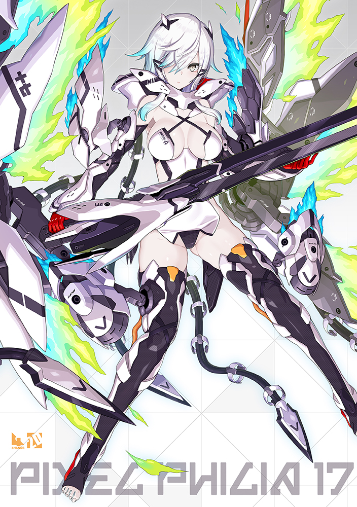 1girl bare_shoulders bodysuit breasts closed_mouth commentary elbow_gloves female_focus fire gloves grey_background hair_over_one_eye holding holding_weapon large_breasts long_hair machinery mecha_musume nidy open_toe_boots original panties revealing_clothes short_hair signature solo thighhighs title underwear weapon white_hair yellow_eyes