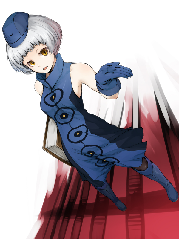 1girl atlus bad_id bad_pixiv_id black_pantyhose book boots dress elizabeth_(persona) female_focus from_above full_body gloves hat knee_boots looking_up open_mouth pantyhose persona persona_3 persona_3_portable sega short_hair silver_hair solo taka_yanagi takayanagi_(artist) yellow_eyes