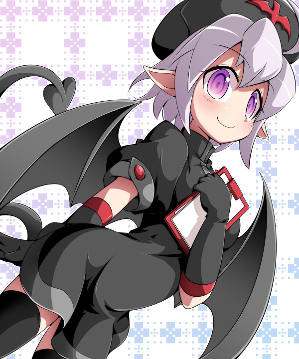 1girl bioroid_hei black_thighhighs blush clipboard demon_girl demon_wings dutch_angle female_focus gloves grey_hair hat looking_at_viewer mon-musu_quest! monster_girl nabisu_(mon-musu_quest!) nurse pointy_ears purple_eyes shadow sidelocks smile solo tail thighhighs white_hair wings