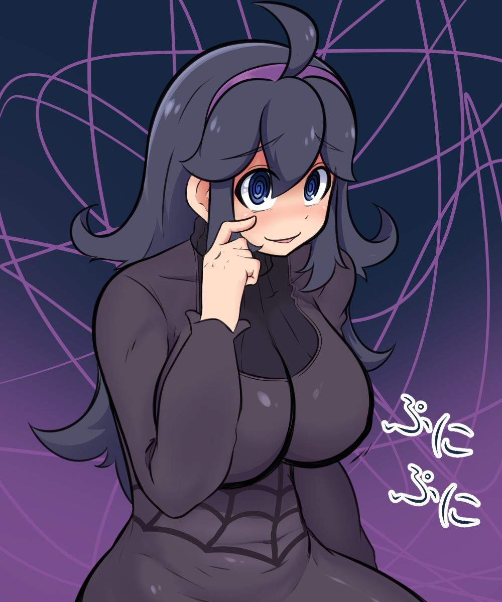 1girl @_@ ahoge alternate_breast_size blue_eyes breasts commentary_request creatures_(company) finger_to_cheek game_freak gradient_background hair_between_eyes hairband hex_maniac_(pokemon) highres large_breasts long_hair long_sleeves messy_hair nintendo open_mouth pokemon pokemon_xy purple_background purple_hair purple_hairband ribbed_sweater solo sweater tomoko908_(nap4342) translation_request turtleneck turtleneck_sweater