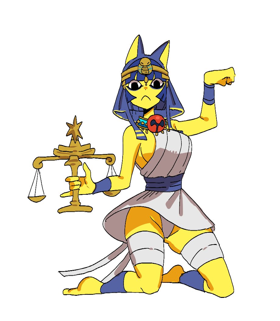 1girl animal_crossing ankha_(animal_crossing) barefoot blue_hair breasts collar dancho_no_mori dress eyeliner furry furry_female holding kneeling large_breasts looking_at_viewer makeup neck_bell nintendo paw_pose sideboob skindentation solo thick_thighs thighs upskirt uraeus weighing_scale white_background