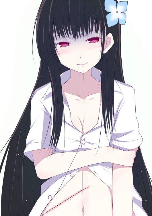 10s 1girl bad_id bad_pixiv_id black_hair breasts cleavage der_(derm9) dress_shirt female_focus flower hair_flower hair_in_own_mouth hair_ornament hydrangea long_hair mouth_hold naked_shirt navel pale_skin red_eyes sanka_rea sankarea scar shirt simple_background small_breasts smile solo stitches zombie