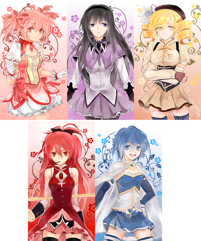 10s 5girls akemi_homura akemi_homura_(magical_girl) beret black_hair blonde_hair blue_eyes blue_hair bow bubble_skirt cape drill_hair food hair_bow hair_ribbon hairband hat kaname_madoka kaname_madoka_(magical_girl) loble long_hair magical_girl mahou_shoujo_madoka_magica mahou_shoujo_madoka_magica_(anime) miki_sayaka miki_sayaka_(magical_girl) mouth_hold multiple_girls pantyhose pink_eyes pink_hair pocky ponytail purple_eyes red_eyes red_hair ribbon sakura_kyoko sakura_kyoko_(magical_girl) short_hair skirt thighhighs tomoe_mami tomoe_mami_(magical_girl) twin_drills twintails yellow_eyes