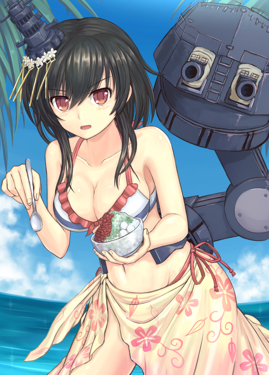 1girl aiming aiming_at_viewer bikini black_hair blush bowl breasts cannon cleavage female_focus food hair_ornament highres kantai_collection large_breasts leaning_forward looking_at_viewer machinery navel ocean programman red_eyes sarong shaved_ice ship_turret short_hair side-tie_bikini_bottom solo spoon swimsuit yamashiro_(kancolle) yamashiro_(swimsuit_mode)_(kancolle)