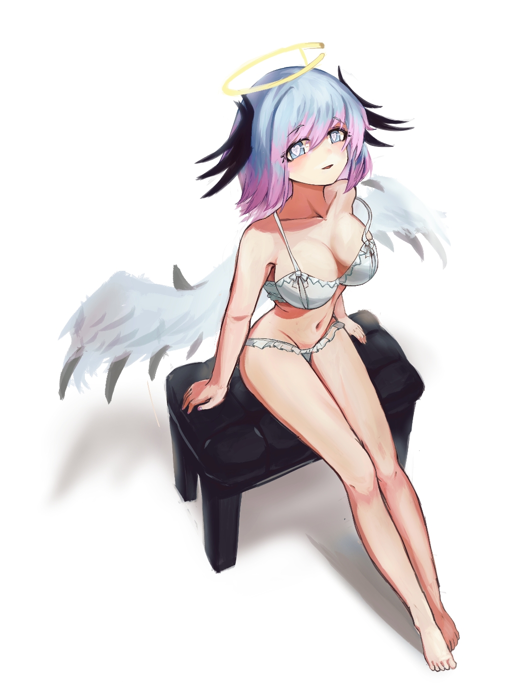 1girl aqua_eyes bare_arms bare_legs bikini black_souls black_souls_2 black_wings blue_hair breasts demon_girl fake_halo fake_wings full_body gradient_hair halo head_wings highres large_breasts lingeriena_(black_souls) looking_at_viewer multicolored_hair open_mouth pink_hair ropeperson short_hair sitting smile solo stool swimsuit white_bikini wings