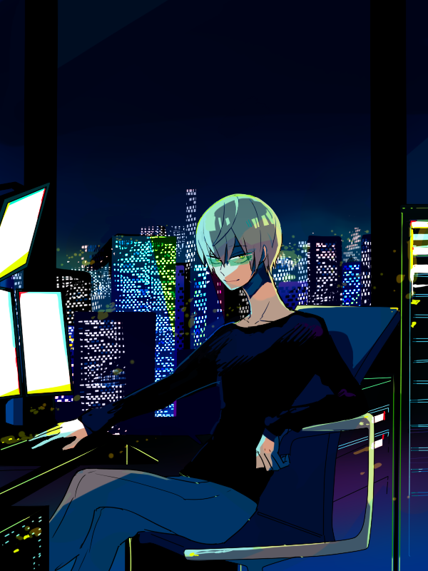 10s 1boy blue_hair casual chair chappa_(kaetodo) cityscape glasses inumuta_houka kill_la_kill male_focus sitting solo