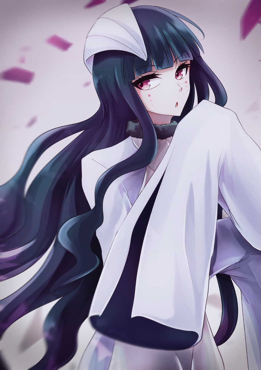 1girl black_choker black_hair bleach blunt_bangs blurry_edges choker commentary_request cowboy_shot cyan_sung-sun eyelashes floating_hair highres long_hair long_sleeves looking_at_viewer nose open_mouth pink_eyes resurreccion shirt sidelocks simple_background sleeves_past_fingers sleeves_past_wrists solo sumire_1046 very_long_hair vignetting wavy_hair white_shirt wide_sleeves