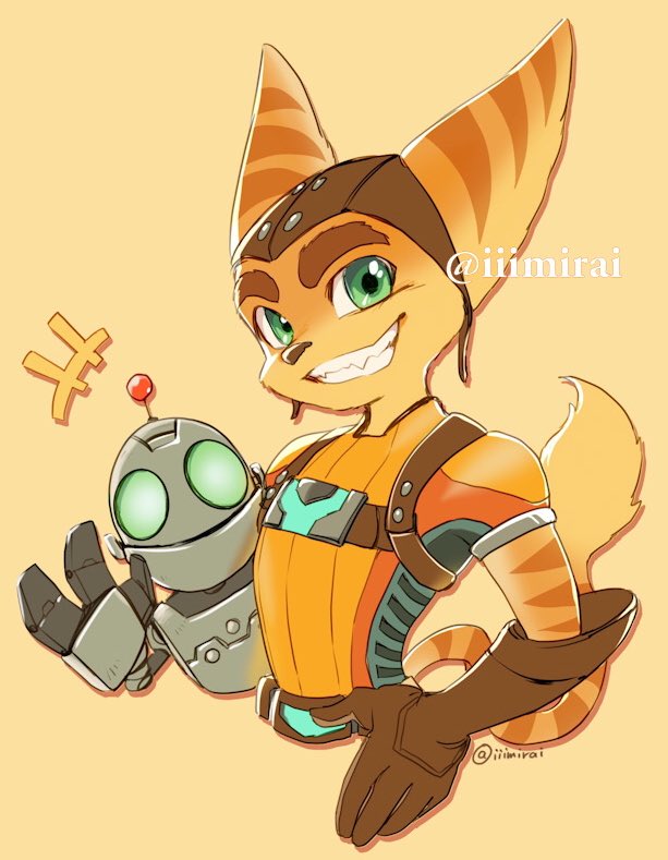 2boys animal_ears animal_nose bad_id bad_pixiv_id body_fur clank commentary elbow_gloves furry furry_male gloves green_eyes humanoid_robot iiimirai lombax looking_at_viewer multiple_boys ratchet_&amp;_clank ratchet_(ratchet_&amp;_clank) robot simple_background smirk snout striped_fur striped_tail tail twitter_username upper_body yellow_background