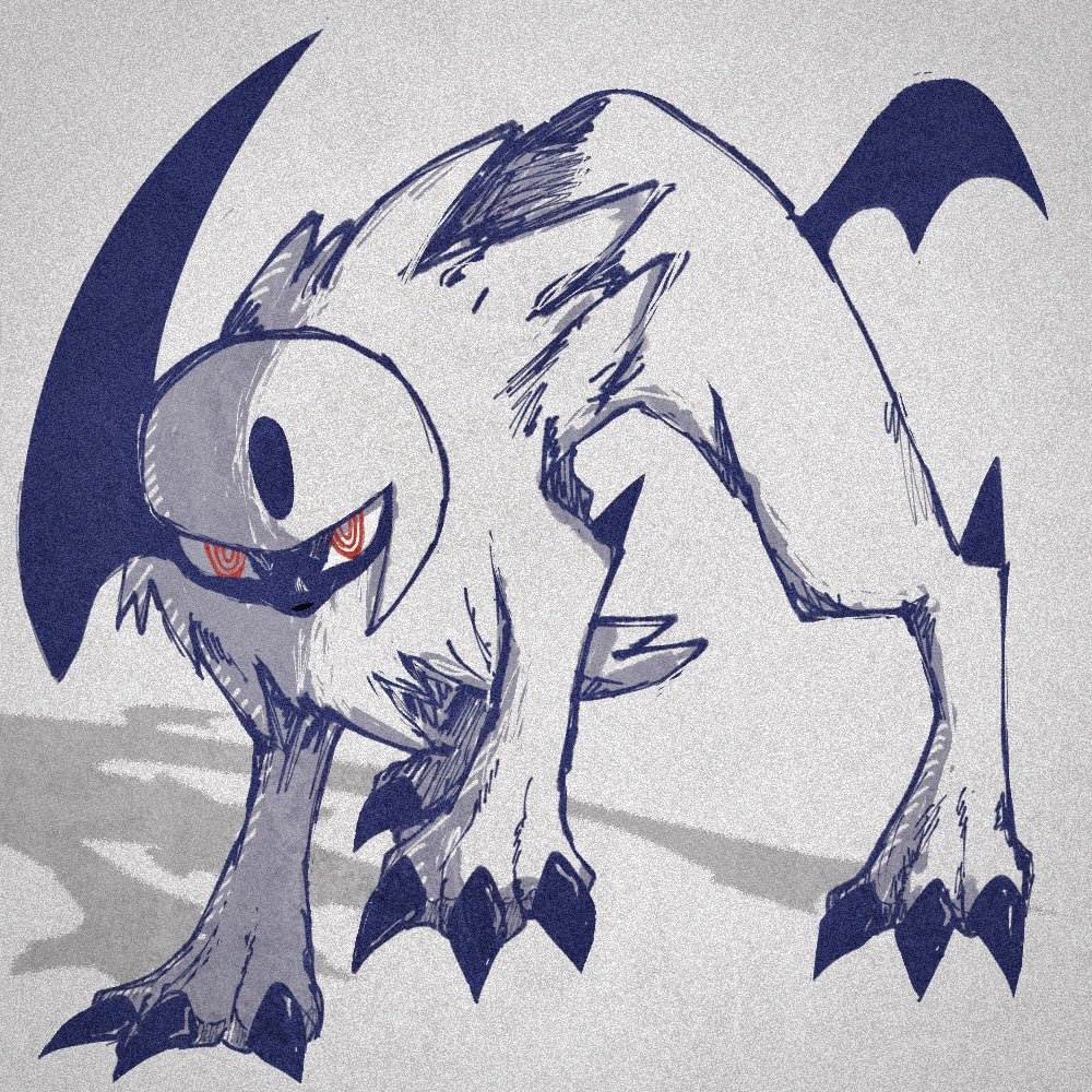 359yuyu absol animal_focus claws creatures_(company) full_body game_freak gen_3_pokemon horns looking_at_viewer nintendo no_humans pokemon pokemon_(creature) red_eyes shadow single_horn solo two-tone_eyes white_eyes white_hair