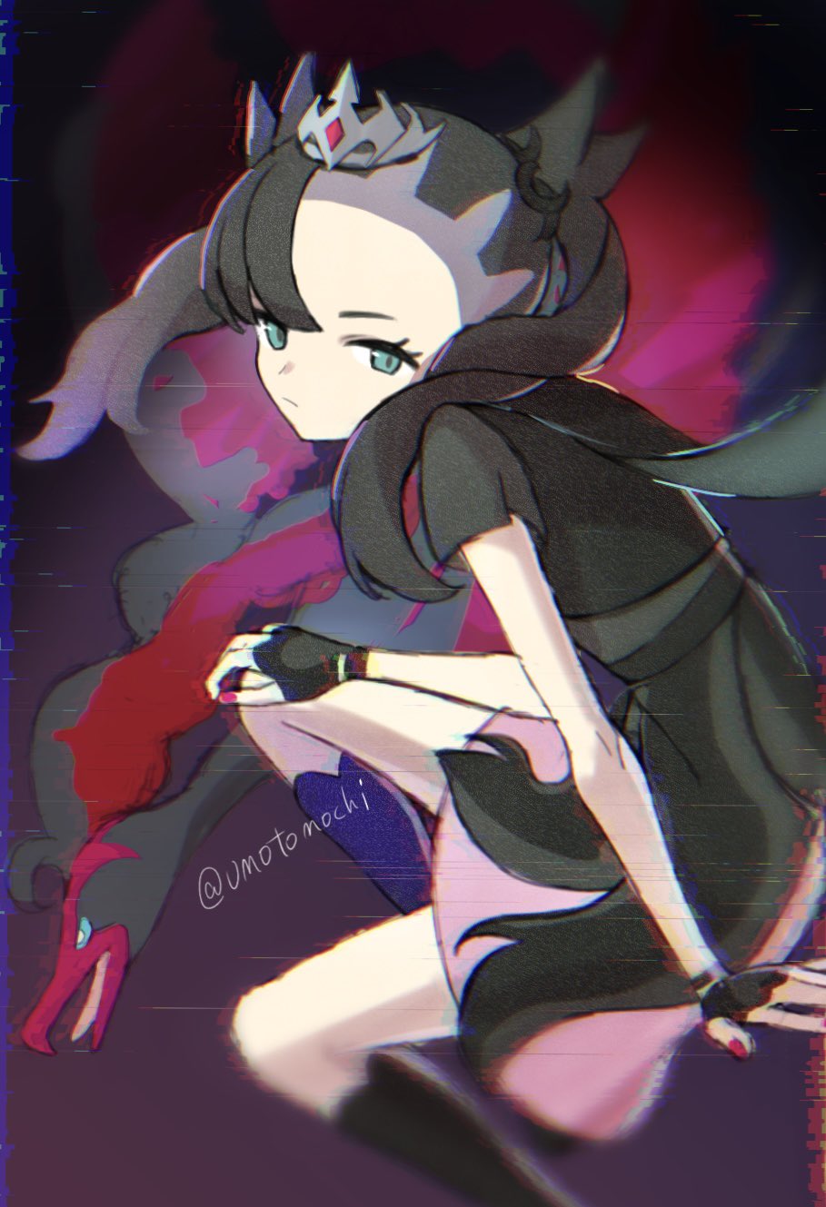 1girl asymmetrical_bangs bird black_hair creatures_(company) earrings fingerless_gloves floating_hair galarian_form galarian_moltres game_freak gen_8_pokemon gloves green_eyes hand_on_own_knee highres jewelry legendary_pokemon marnie_(champion)_(pokemon) marnie_(pokemon) medium_hair nintendo official_alternate_costume pokemon pokemon_(creature) pokemon_masters_ex red_nails tiara twintails umotomochi