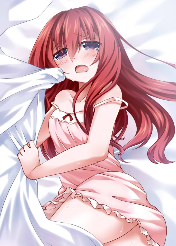 :o bare_shoulders bed_sheet brown_hair crying crying_with_eyes_open hoshibana_anima long_hair looking_at_viewer on_bed original pajamas pink_pajamas purple_eyes sheet_grab strap_slip tears twisted_torso