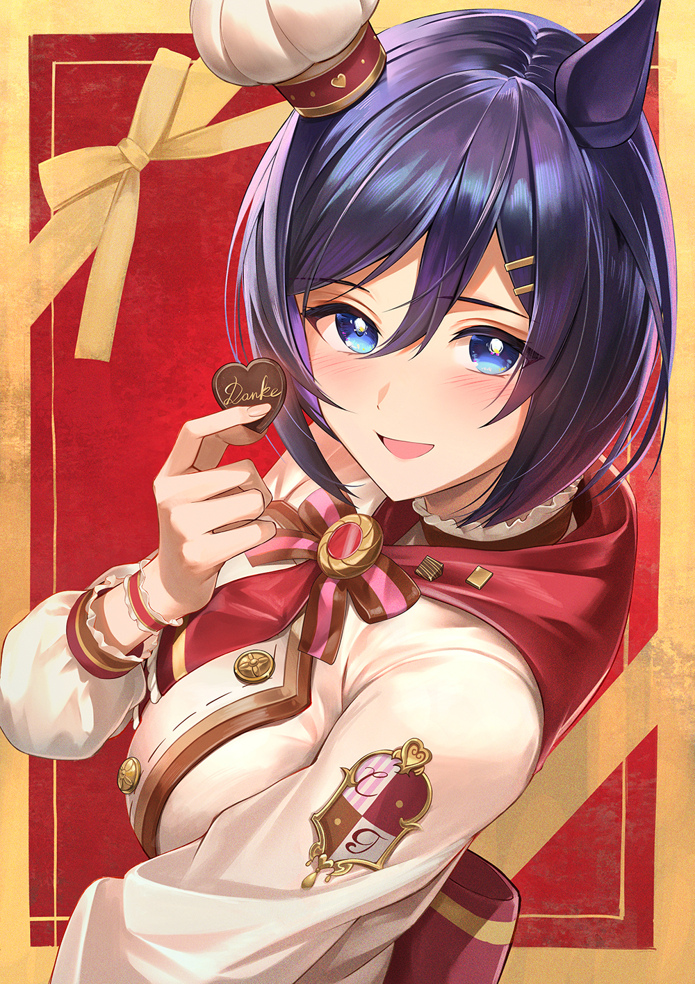 1girl animal_ears ascot black_hair blue_eyes blue_hair blush breasts candy chef_hat chocolate chocolate_heart coat eishin_flash_(collect_chocolatier)_(umamusume) eishin_flash_(umamusume) food from_side hair_between_eyes hair_ornament hairclip hat heart highres holding holding_chocolate holding_food horse_ears kainown large_breasts long_sleeves looking_at_viewer looking_to_the_side mini_hat official_alternate_costume official_alternate_hairstyle open_mouth red_ascot short_hair smile solo swept_bangs umamusume upper_body white_coat wristband