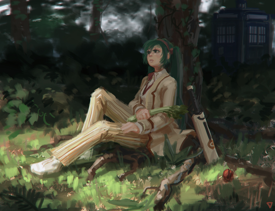 1girl ? ball cosplay cricket cricket_bat doctor_who doyora faux_traditional_media female_focus fifth_doctor fifth_doctor_(cosplay) formal green_hair hatsune_miku long_hair no_lineart painting_(medium) sitting solo spring_onion tardis the_doctor traditional_media tree twintails united_kingdom vocaloid watercolor_(medium)