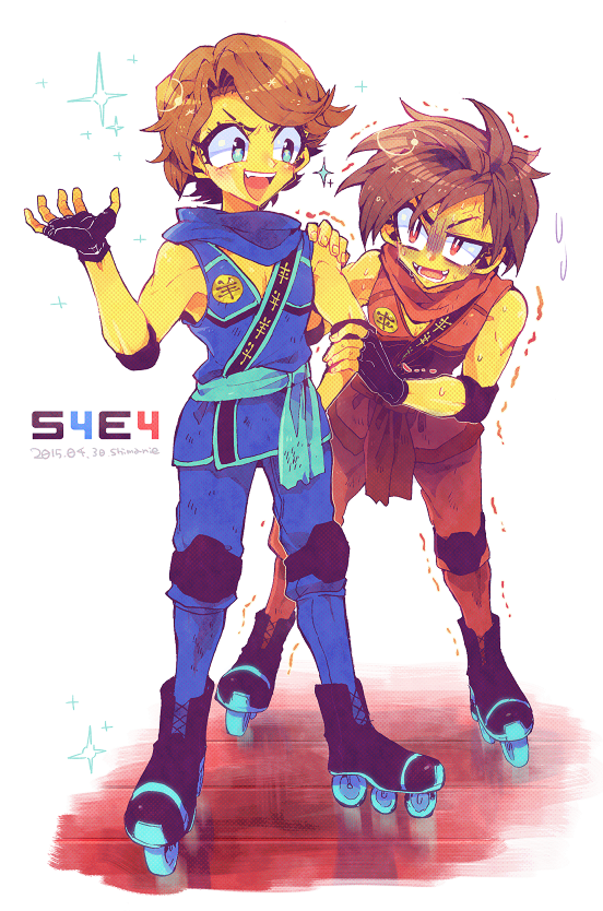 2boys animification bad_id bad_pixiv_id bare_shoulders blue_eyes bodysuit brown_hair colored_skin eyebrows fingerless_gloves gloves japanese_clothes jay_(ninjago) kai_(ninjago) male_focus multiple_boys ninjago red_eyes roller_skates shimanie short_hair simple_background skates smile spiked_hair the_lego_group yellow_skin