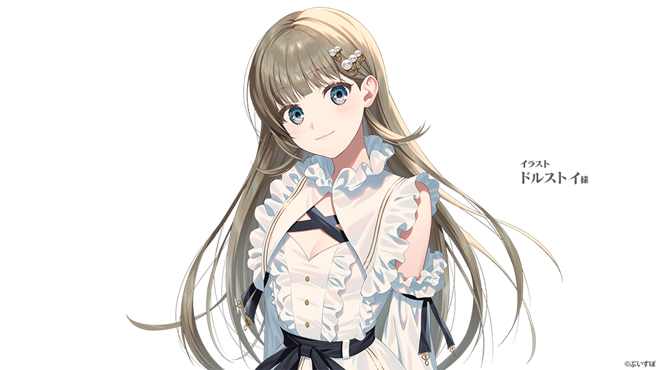 1girl arms_behind_back artist_name blunt_bangs closed_mouth detached_sleeves dolustoy dress floating_hair hair_ornament hanabusa_lisa long_hair long_sleeves looking_at_viewer official_art simple_background smile solo upper_body virtual_youtuber vspo! white_background white_dress