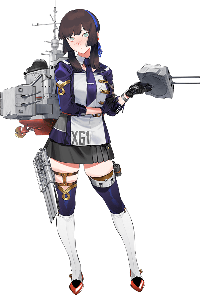 1girl akira_(kadokawa) blue_dress blue_hairband brown_hair dress freckles full_body gloves green_eyes hairband kantai_collection long_hair machinery mogador_(kancolle) necktie official_art pleated_skirt ribbon ship_turret skirt thighhighs torpedo torpedo_launcher transparent_background two-tone_legwear